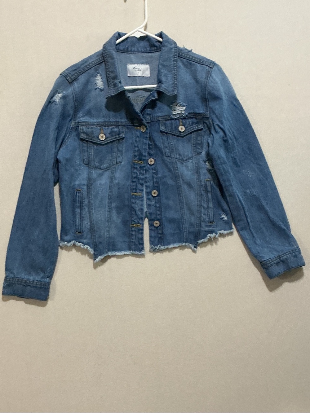 KanCan Medium Blue Distressed Cropped Denim Jacket